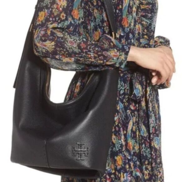 Tory Burch McGraw Black Pebbled Leathered Large Soft Hobo Bag - Picture 1 of 13